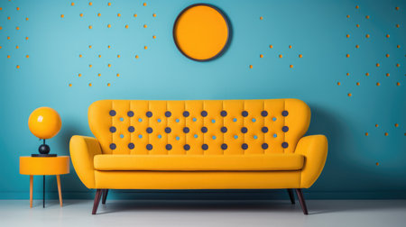 Yellow sofa in blue room with yellow lamp and round frame. 3d renderingの素材