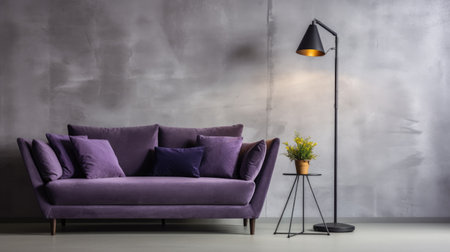 Purple sofa in modern living room interior with floor lamp and plantの素材