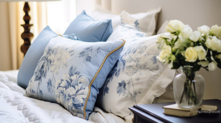 Blue pillows on a bed in the bedroom. Soft focus.の素材