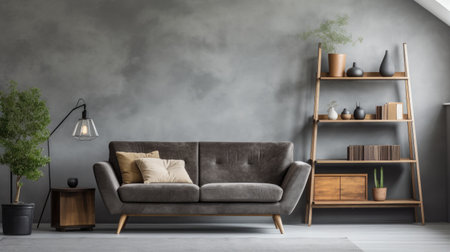 Interior of modern living room with gray walls, concrete floor, comfortable brown sofa and bookshelf. 3d renderingの素材