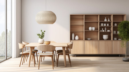 Interior of modern dining room with white walls, wooden floor, round wooden table with yellow chairs and bookcase. 3d renderingの素材