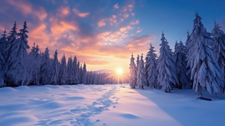 Fantastic winter landscape glowing by sunlight. Dramatic wintry scene. Carpathian, Ukraine, Europe. Beauty world.の素材