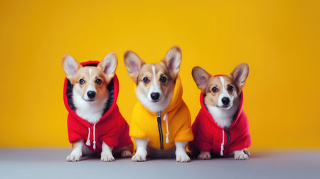 Cute welsh corgi pembroke puppies in hoodies on yellow backgroundの素材
