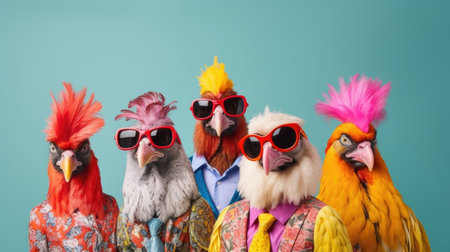 Group of colorful roosters with sunglasses on a blue background.の素材