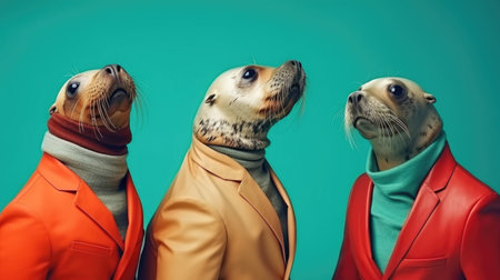 Three sea lions in a red coat on a turquoise backgroundの素材