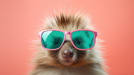 Funny pomeranian dog in sunglasses on a pink background.の素材