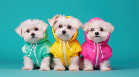 Cute little Maltese puppies in bright raincoats on blue backgroundの素材