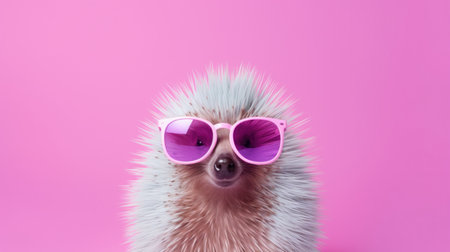 Hedgehog in pink sunglasses on a pink background. The concept of fashion and style.の素材