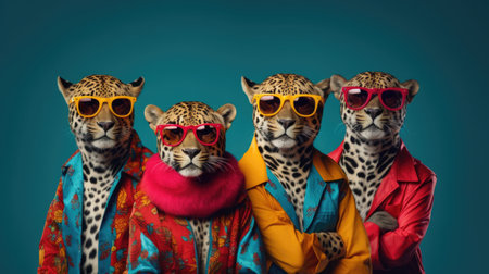 Three leopard in raincoat and sunglasses. Studio shot on blue background.の素材