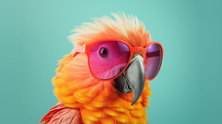 Portrait of a colorful parrot with sunglasses on a blue backgroundの素材