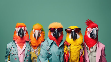 group of colorful parrots in sunglasses isolated on green background, fashion conceptの素材