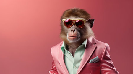 Portrait of a monkey in a pink jacket and sunglasses on a pink background.の素材