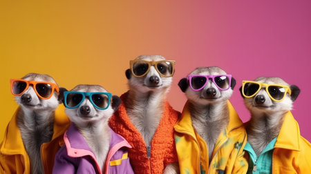 Funny little dogs with sunglasses and raincoat on colorful background.の素材