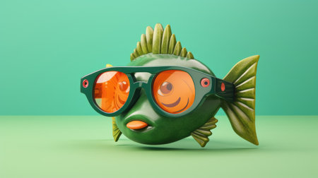 Cute fish with sunglasses on green background. 3d illustration.の素材