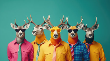 Group of funny deer heads in colorful shirts and tie with sunglasses.の素材