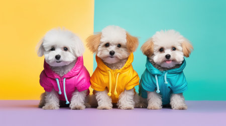 Group of cute bichon bichon puppies in colorful clothes on colorful backgroundの素材