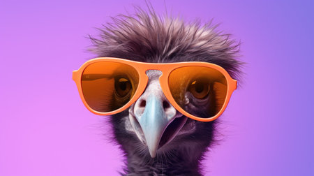 Portrait of a vulture with orange sunglasses and purple background.の素材