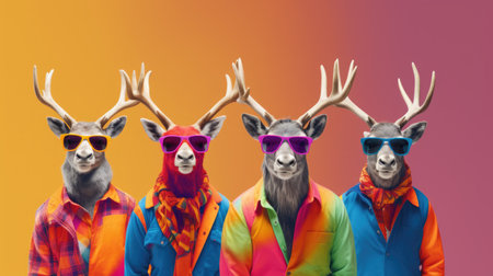 Group of funny deer wearing sunglasses. Isolated on colorful background.の素材