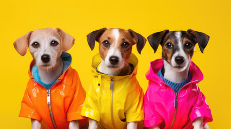 Group of dogs in raincoats on yellow background, closeupの素材