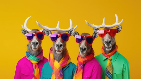 Group of funny reindeer wearing sunglasses and colorful clothes on yellow backgroundの素材