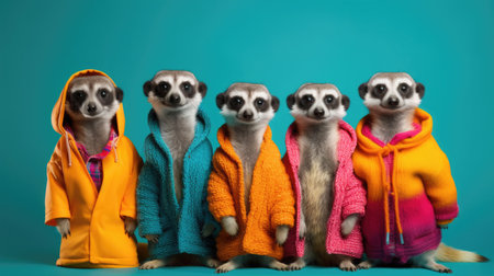 Group of cute meerkats in colorful clothes on blue background.の素材