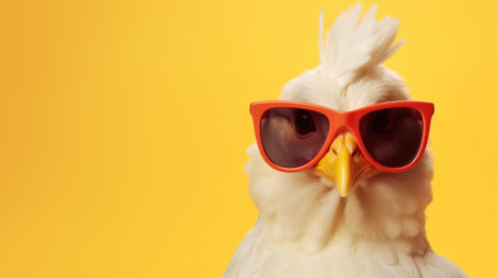 White parrot with red sunglasses on yellow background, space for textの素材
