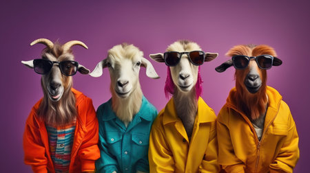 Group of funny goats with colorful hair and sunglasses on purple background.の素材