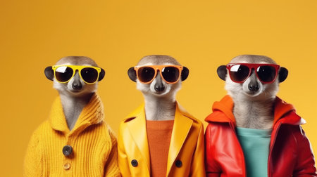 Group of funny meerkats with sunglasses in colorful clothes on yellow backgroundの素材