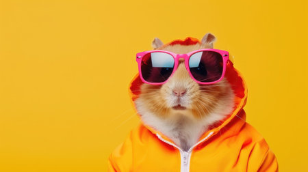 Portrait of a cute white and red guinea pig wearing sunglasses on a yellow backgroundの素材