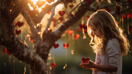 Cute little girl holding red heart shape gift box in the garden.の素材