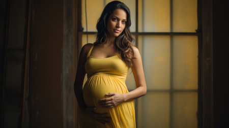 Beautiful pregnant woman in yellow dress. Pregnancy and motherhood concept.の素材