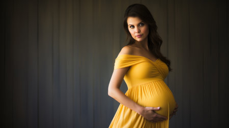 Portrait of a beautiful young pregnant woman in a yellow dress.の素材