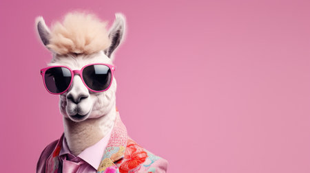 Funny llama wearing sunglasses on pink background with copyspaceの素材