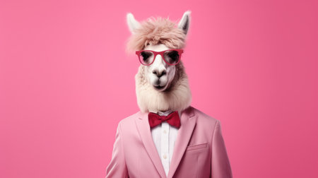 Funny alpaca wearing pink suit, bow tie and red sunglasses on pink backgroundの素材