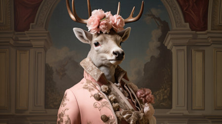 Fashionable portrait of a young deer wearing a pink suit.の素材