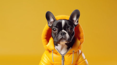 Portrait of a purebred puppy of a French bulldog in a yellow jacket on a yellow background.の素材