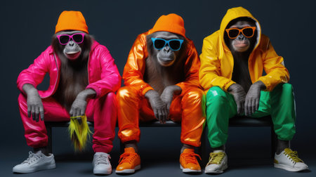 Group of monkeys in bright clothes and sunglasses sitting on a chair.の素材