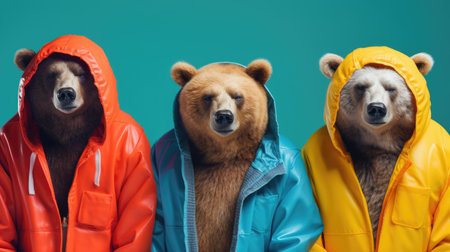 group of bears in raincoats isolated on blue, closeupの素材