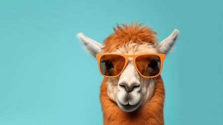 Funny llama wearing orange sunglasses and looking at the camera on blue backgroundの素材