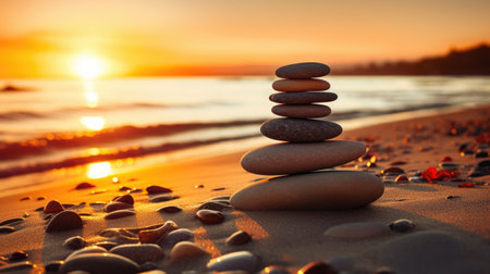 Stack of stones on the beach at sunset. Zen and harmony conceptの素材