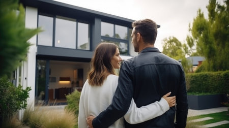 Couple in front of their new house. Man and woman looking at each otherの素材