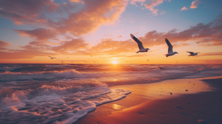 Seagulls flying over the sea at sunset. Nature backgroundの素材