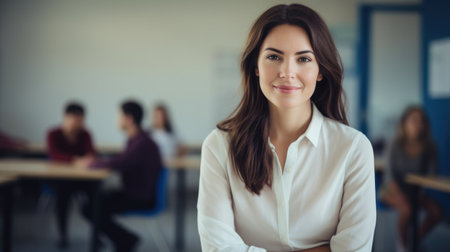 Portrait of smiling businesswoman in office with colleagues in the backgroundの素材