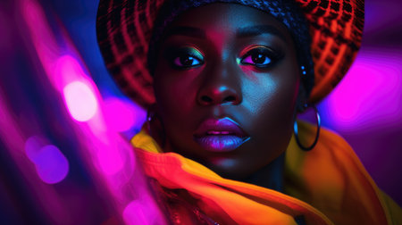 Fashionable african american woman with bright make-up posing in studio.の素材