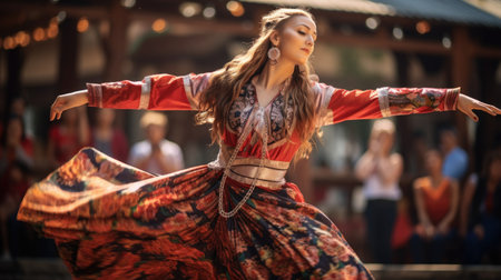 Young woman in traditional costume dancing flamenco in the city.の素材