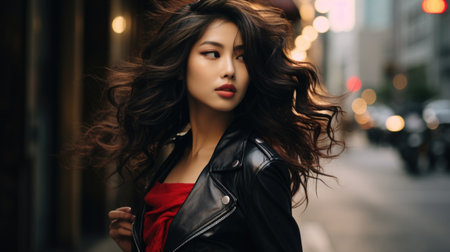 Beautiful asian woman with long curly hair walking in the cityの素材