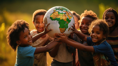Group of kids holding a globe in the field on a sunny dayの素材