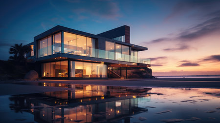 3D rendering of a modern house by the sea at sunset.の素材
