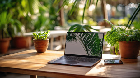 Laptop with blank screen on a wooden table in the garden.の素材
