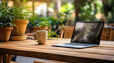 Laptop computer on wooden table in coffee shop cafe, stock photoの素材